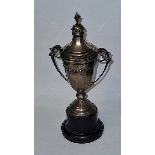 116 - SMALL SILVER HALLMARKED TROPHY ON BASE - 19CMS H