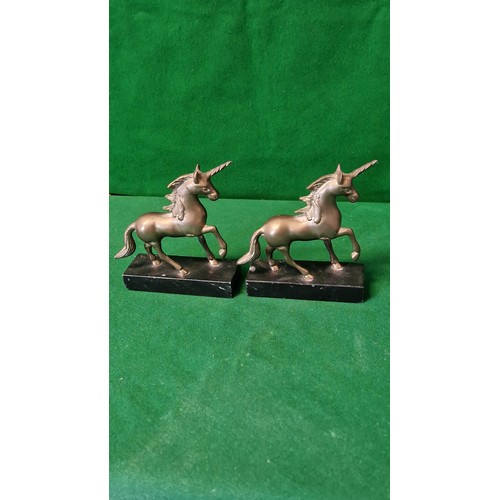 83 - PAIR OF BRASS UNICORNS ON MARBLE BASE - 12CMS X 15CMS H
