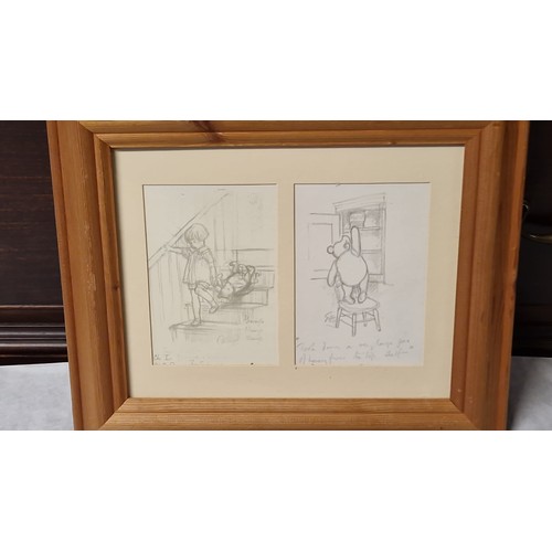 314 - 2 X FRAMED & GLAZED PICTURES OF WINNIE THE POOH SKETCHES - 28CMS X 24CMS & 34CMS X 28CMS