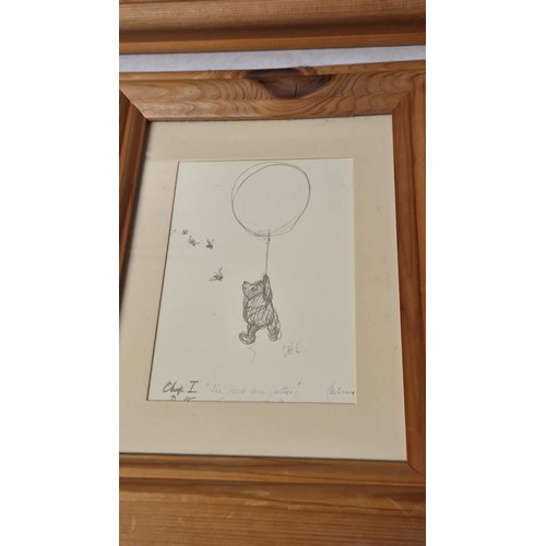 314 - 2 X FRAMED & GLAZED PICTURES OF WINNIE THE POOH SKETCHES - 28CMS X 24CMS & 34CMS X 28CMS