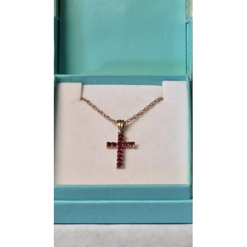 71 - PRETTY 9CT GOLD RUBY CROSS & CHAIN