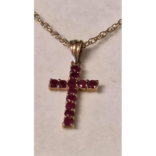 71 - PRETTY 9CT GOLD RUBY CROSS & CHAIN