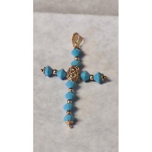 72 - BEAUTIFUL 18CT GOLD & TURQUOISE BEAD CROSS