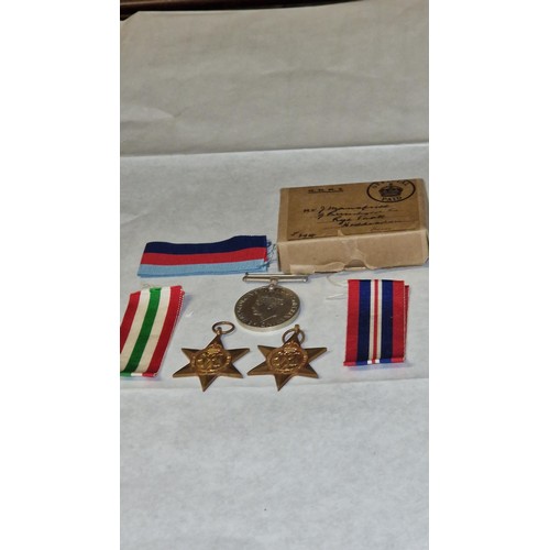 115 - 3 X WW11 MEDALS WITH RIBBONS & ORIGINAL BOX  - ITALY STAR, 39/45 STAR & VICTORY MEDAL