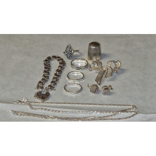 125 - QTY OF JEWELLERY - SOME SILVER - BRACELET, CHAIN, BOW BROOCH, MARCASITE RING ALL MRKED 925 - NO MARK... 