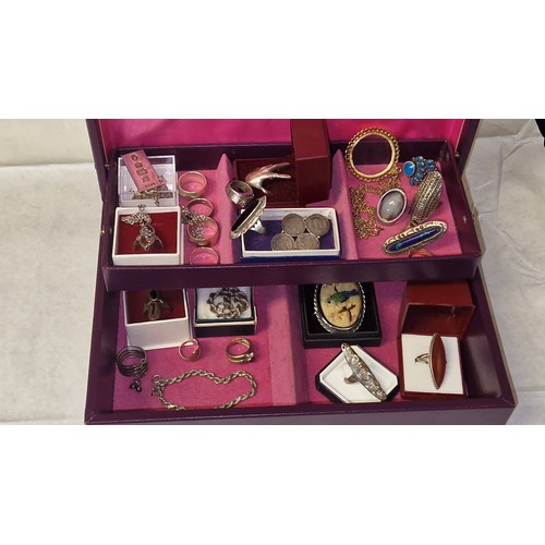 129 - JEWELLERY BOX WITH CONTENTS - MAINLY SILVER