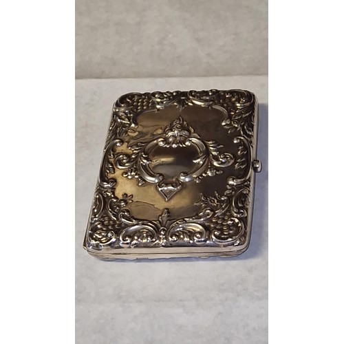 142 - BEAUTIFUL SILVER HALLMARKED VINTAGE CALLING CARD CASE - MONOGRAME TO FRONT - 7.5 CMS X 10.5 CMS