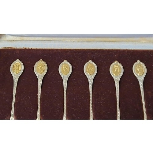 163 - CASED SET OF SILVER SPOONS EMBELLISHED IN 24 CARAT GOLD -  