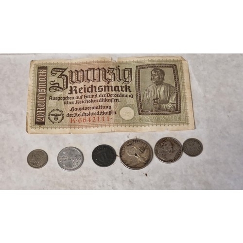 326 - QTY OF INTERESTING VINTAGE GERMAN COINS & A BANK NOTE