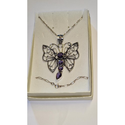 375 - BOXED 925 SILVER AMETHYST BUTTERFLY NECKLACE