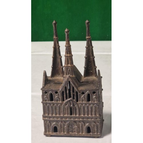 966 - VINTAGE METAL LITCHFIELD CATHEDRAL MONEY BOX - 17CMS H - MARKED TO SPIRE