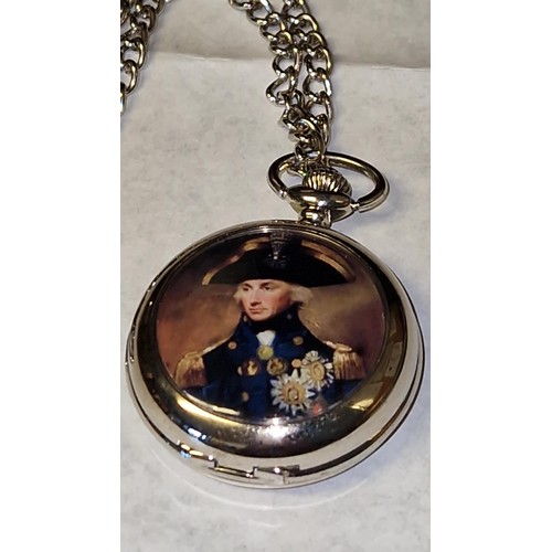 102 - LOVELY POCKET WATCH AND CHAIN DEPICTING NELSON TO FRONT AND INSIDE - WATCHES AND CLOCKS ARE NOT TEST... 