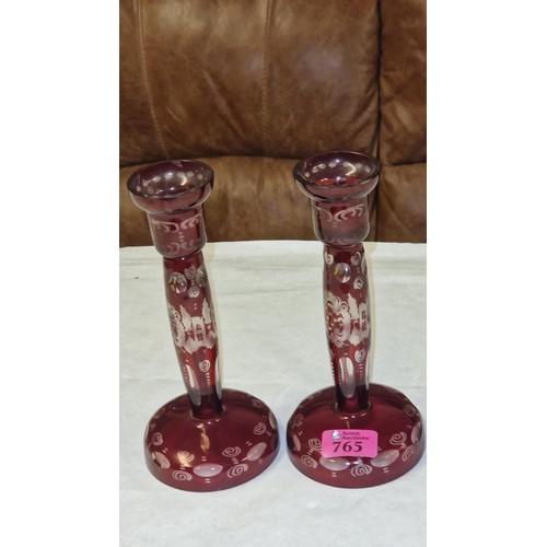 133 - PAIR OF BEAUTIFULL VINTAGE DEEP RUBY RED CUT GLASS CANDLE STICKS - STANDS 22CMS H