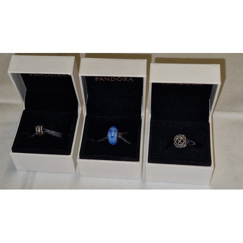 130 - 3 X BEAUTIFUL GENUINE SILVER PANDORA CHARMS - ROSES OPENWORK, MURANO BLUE GLASS & SPACER