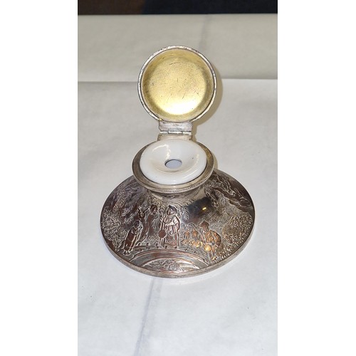 134 - LOVELY PLATED ORIENTAL CAPSTAN DESK INK WELL WITH LINER