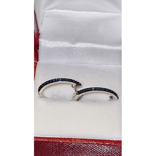 129 - PAIR OF STUNNING SILVER & BLUE DIAMOND HOOP EARINGS