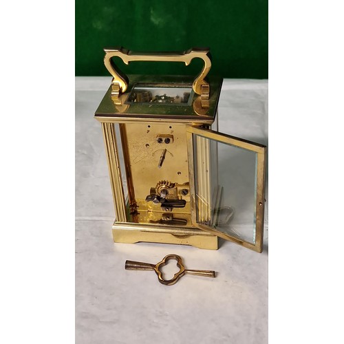 162 - LOVELY BRASS & GLASS MAPPIN & WEBB CARRIAGE CLOCK WITH KEY - 2 SMALL CHIPS TO THE GLASS AT TOP - WAT... 