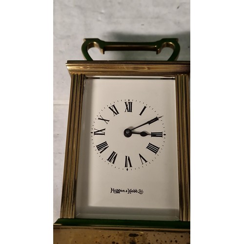 162 - LOVELY BRASS & GLASS MAPPIN & WEBB CARRIAGE CLOCK WITH KEY - 2 SMALL CHIPS TO THE GLASS AT TOP - WAT... 