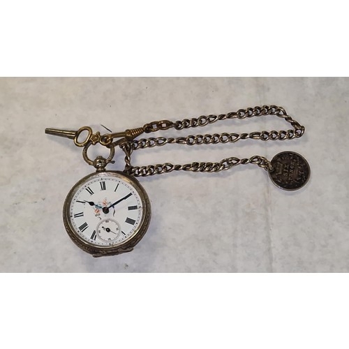 169 - VERY PRETTY LADIES SILVER POCKET WATCH WITH KEY, CHAIN & 1887 SILVER SIXPENCE - WATCES & CLOCKS ARE ... 