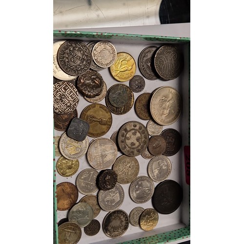 208 - BOX OF VARIOUS FOREIGN COINS SOME SILVER