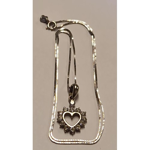 234 - VERY PRETTY 14K WHITE GOLD HEART PENDANT SET STONES MARKED 585  ON 585 MARKED CHAIN