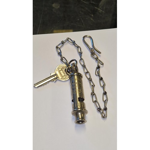 243 - LOVELY VINTAGE METROPOLITAN POLICE WHISTLE, POLICE BOX KEY AND CHAIN