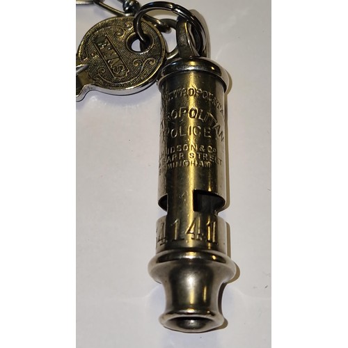 243 - LOVELY VINTAGE METROPOLITAN POLICE WHISTLE, POLICE BOX KEY AND CHAIN