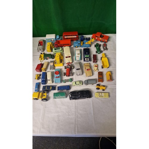 614 - BOX OF MAINLY VINTAGE DIECAST VEHICLES INC CORGI, SCHUCO, LESNEY ETC ETC - APPROX 40 - PLAYED WITH C... 