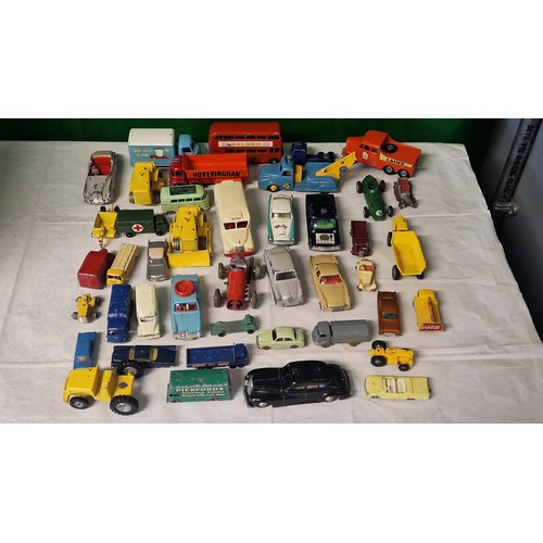 614 - BOX OF MAINLY VINTAGE DIECAST VEHICLES INC CORGI, SCHUCO, LESNEY ETC ETC - APPROX 40 - PLAYED WITH C... 