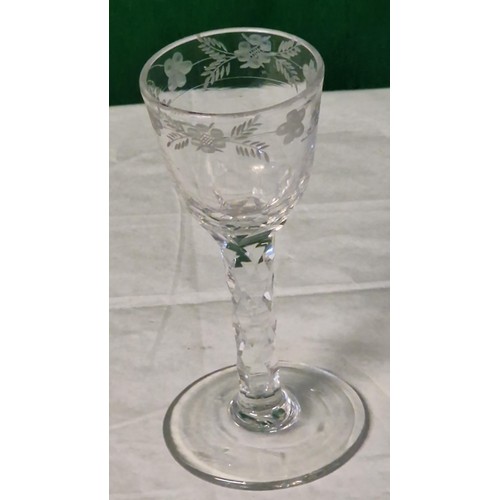 691 - LOVELY GEORGIAN ETCHED WINE GLASS WITH TWISTED STEM - PONTIL TO BASE - STANDS 15CMS