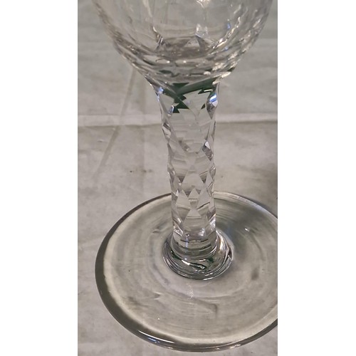 691 - LOVELY GEORGIAN ETCHED WINE GLASS WITH TWISTED STEM - PONTIL TO BASE - STANDS 15CMS