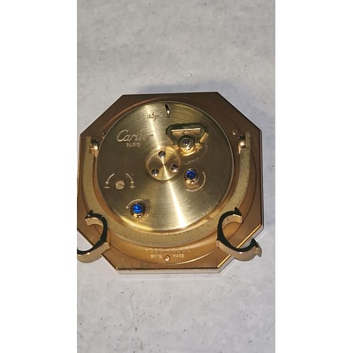 697 - LOVELY CARTIER PARIS GILT AND ENAMEL MANUAL WIND BRUSHED OCTAGONAL DESK CLOCK WITH ALARM CIRCA 1980s... 