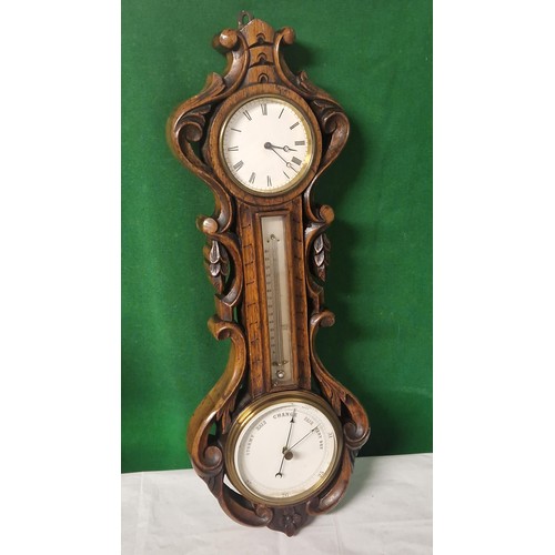 706 - FRENCH CIRCA 1880 CARVED OAK WALL BAROMETER WITH THERMOMETER & MATCHING CARVED OAK MANTLE CLOCK - HE... 