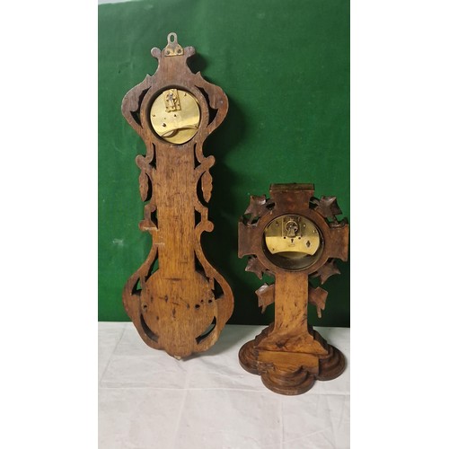 706 - FRENCH CIRCA 1880 CARVED OAK WALL BAROMETER WITH THERMOMETER & MATCHING CARVED OAK MANTLE CLOCK - HE... 