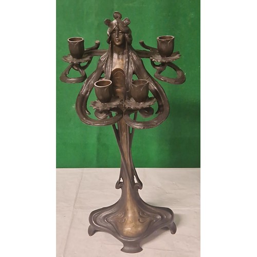 707 - LOVELY FRENCH ART NOUVEAU BRONZE TABLE CANDELABRA IN THE FORM OF A FEMALE STANDING ON A QUARTREFOIL ... 