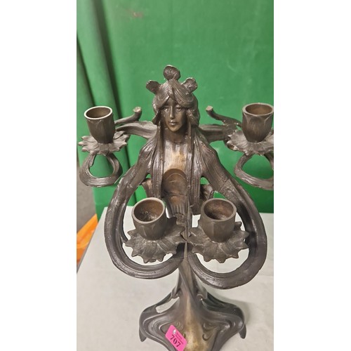 707 - LOVELY FRENCH ART NOUVEAU BRONZE TABLE CANDELABRA IN THE FORM OF A FEMALE STANDING ON A QUARTREFOIL ... 