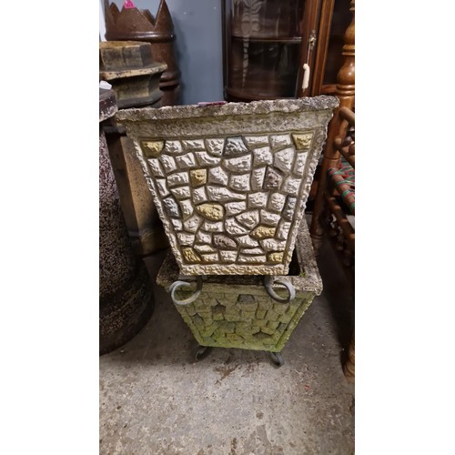 31 - PAIR OF VINTAGE STONE GARDEN PLANTERS - 32CMS SQUARE & 33CMS H - COLLECTION ONLY OR ARRANGE OWN COUR... 