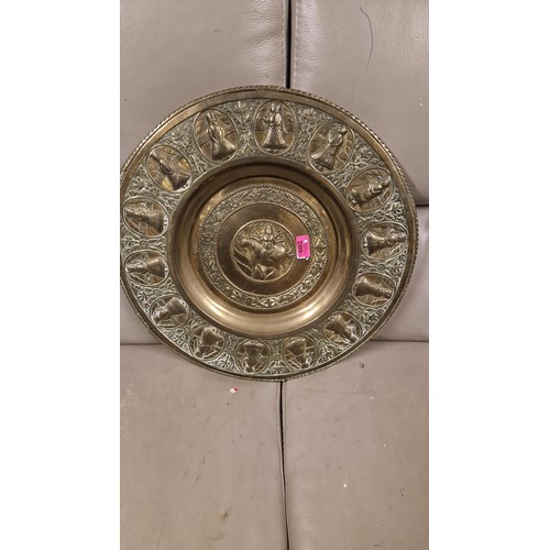 208C - LARGE BRASS PLAQUE DECORATIVE WITH DEITYS - 50CMS DIAM