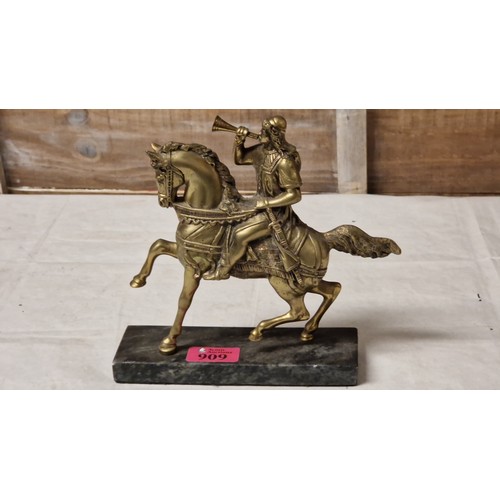 909 - VINTAGE BRASS WARRIOR ON HORSEBACK MOUNTED ON MARBLE BASE - 20CMS H