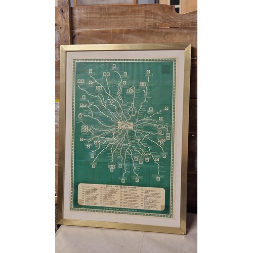 757 - FRAMED & GLAZED 1962 GREEN LINE COACH ROUTES MAP - 35CMS X 50CMS