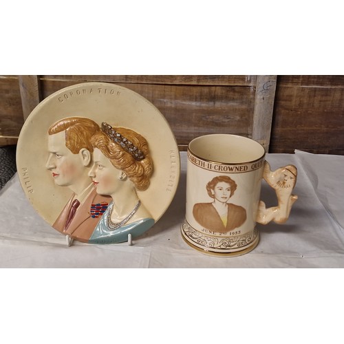 765 - LOVELY VINTAGE PHILIP & ELIZABETH 1953CORONATION WALL P-LAQUE & 1953 CORONATION TANKARD BY ARTHUR WO... 