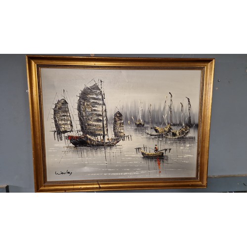 793 - FRAMED OIL ON CANVAS OF AN ORIENTAL SCENE - SIGNED WESLEY - 66CMS X 50CMS