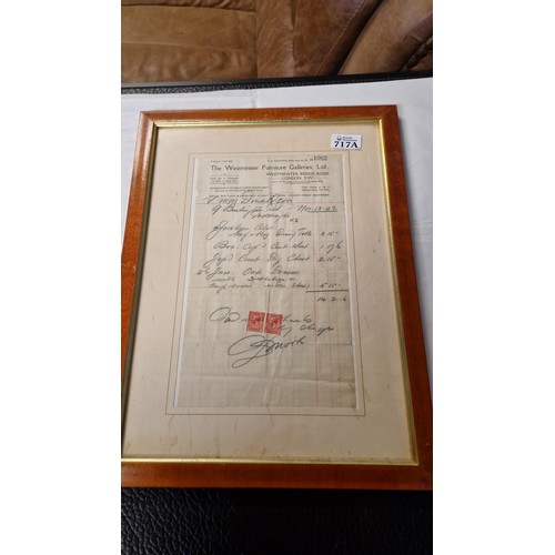 717A - NICE FRAMED & GLAZED 1922 FURNITURE RECEIPT FROM THE WESTMINSTER FURNITURE GALLERIES - 35CMS X 46CMS