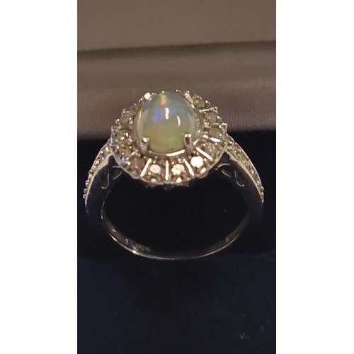 90 - VERY PRETTY 925 SILVER RING SET OPAL & DIAMONDS - SOME SLIGHT DAMAGE TO DIAMONDS - RING SIZE N