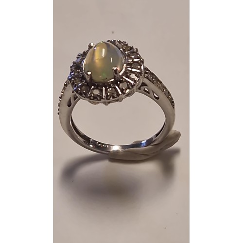 90 - VERY PRETTY 925 SILVER RING SET OPAL & DIAMONDS - SOME SLIGHT DAMAGE TO DIAMONDS - RING SIZE N