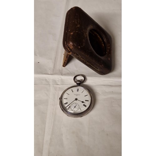 112 - LOVELY VINTAGE SILVER HALLMARKED POCKET WATCH IN A LEATHER EASEL BACK WATCH CASE - J.G GRAVES SHEFFI... 