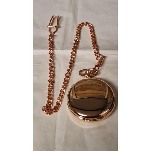 110 - LOVELY ROSE GOLD TONE POCKET WATCH AND CHAIN - CLOCKS AND WATCHES ARE NOT TESTED