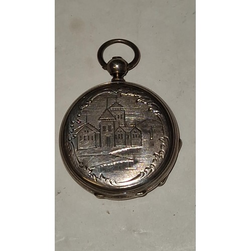 105 - LOVELY UNMARKED SILVER PICTURE BACK POCKET WATCH - CLOCKS AND WATCHES ARE NOT TESTED