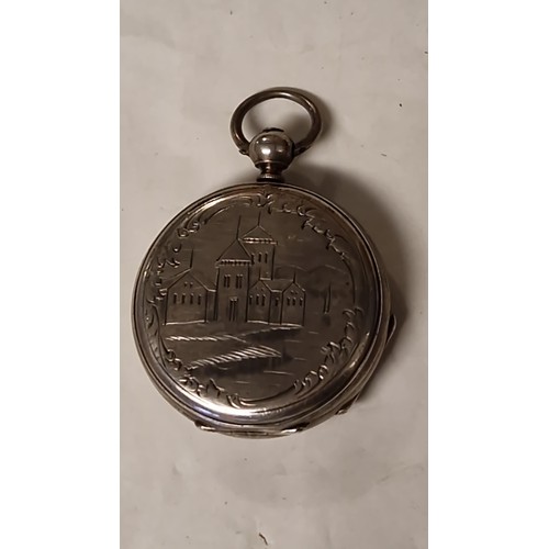 105 - LOVELY UNMARKED SILVER PICTURE BACK POCKET WATCH - CLOCKS AND WATCHES ARE NOT TESTED