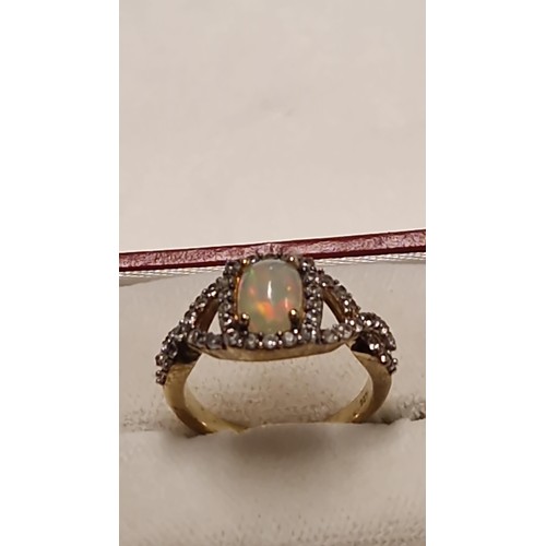 134 - PRETTY SILVER GILT OPAL & WHITE TOPAZ RING - SIZE P - BOXED